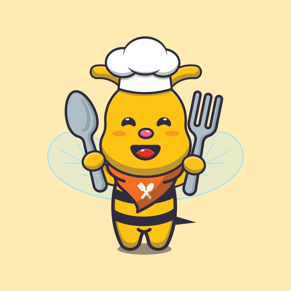 schattige bijenchef-kok mascotte stripfiguur met lepel en vork vector