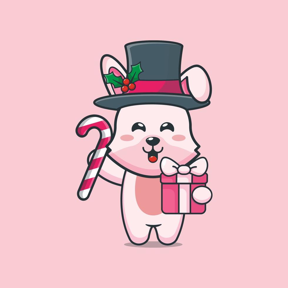 schattig konijntje met kerstsnoep en cadeau. leuke kerst cartoon afbeelding. vector