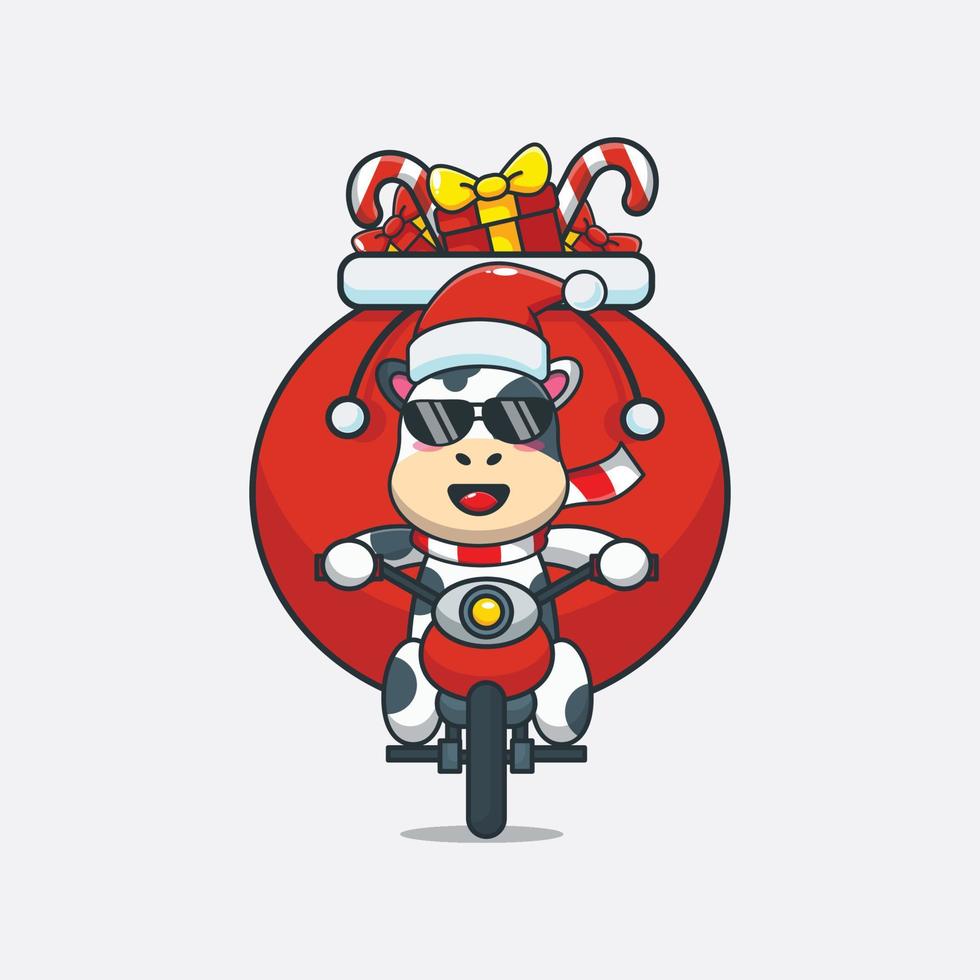 schattige koe met kerstcadeau met motorfiets. leuke kerst cartoon afbeelding. vector