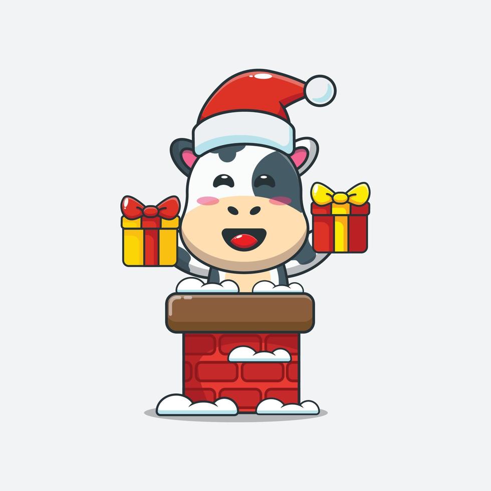schattige koe met kerstmuts in de schoorsteen. leuke kerst cartoon afbeelding. vector