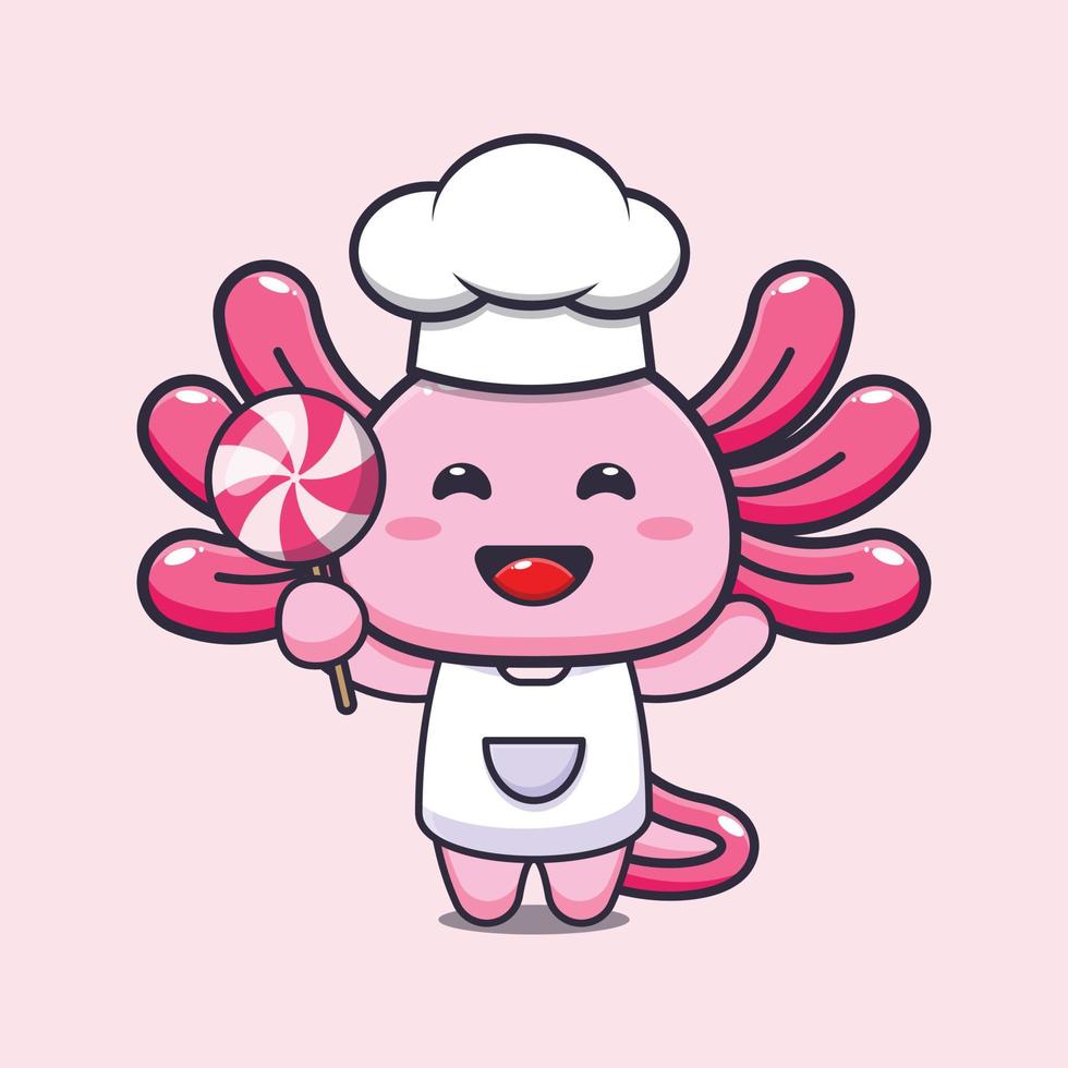 schattig axolotl chef-kok mascotte stripfiguur met snoep vector