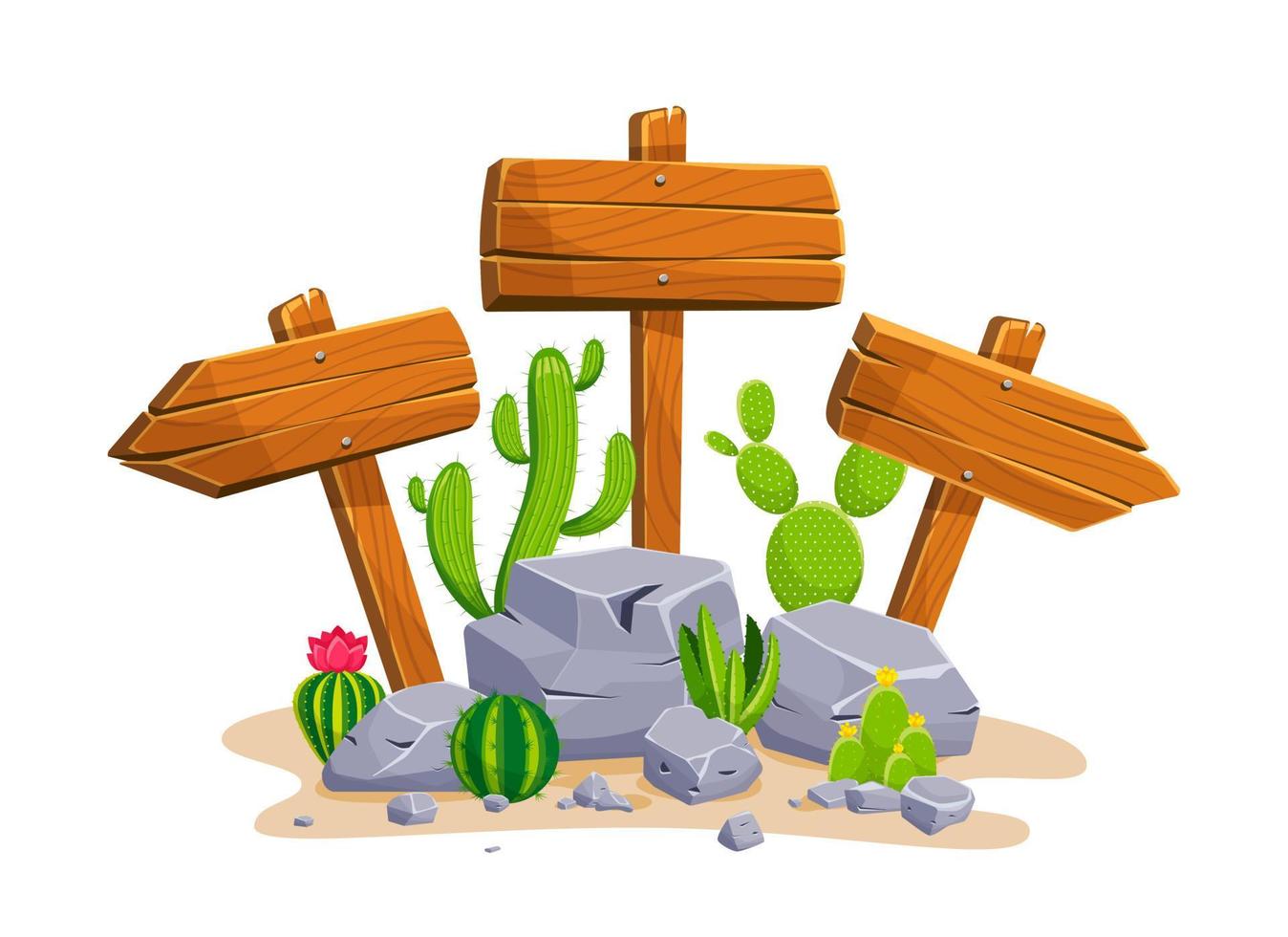 houten wegwijzer met stenen en cactussen met lege ruimte voor tekst. set van een cartoon van houten borden van verschillende vormen die op de rotsen in een woestijn staan. vectorillustratie. vector