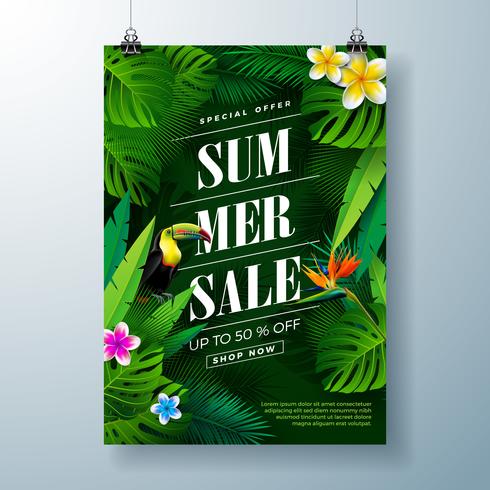 Zomer verkoop poster ontwerpsjabloon met bloem, Toucan Bird en exotische bladeren op donkere groene achtergrond. Tropische bloemen vectorillustratie met speciale aanbieding typografie voor coupon vector