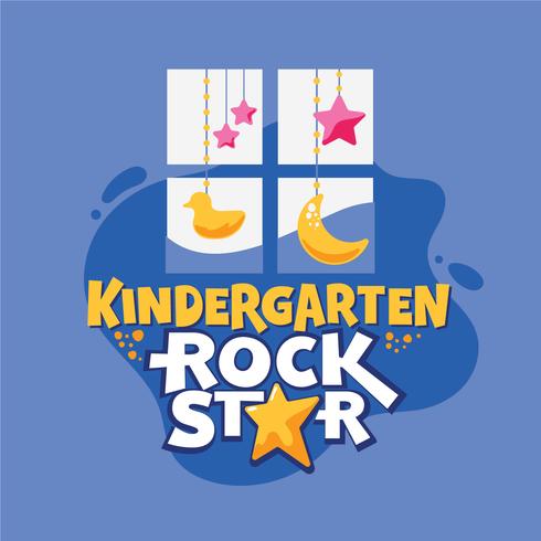 Kleuterschool Rock Star Phrase, Window with Duck and Stars Background, Back to School Illustration vector