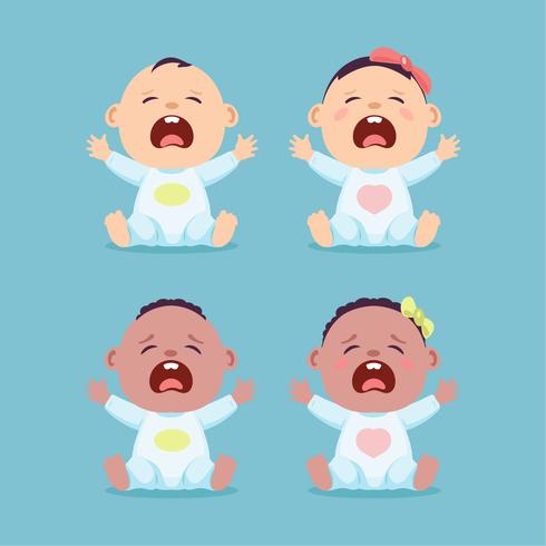 Set van zittende en huilende kleine blanke baby en zwarte baby, babyjongen en baby meisje vector