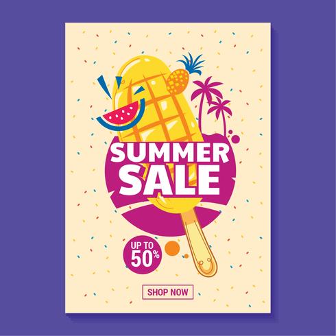 Zomer verkoop illustratie met ijslolly, strand en tropische bladeren achtergrond vector