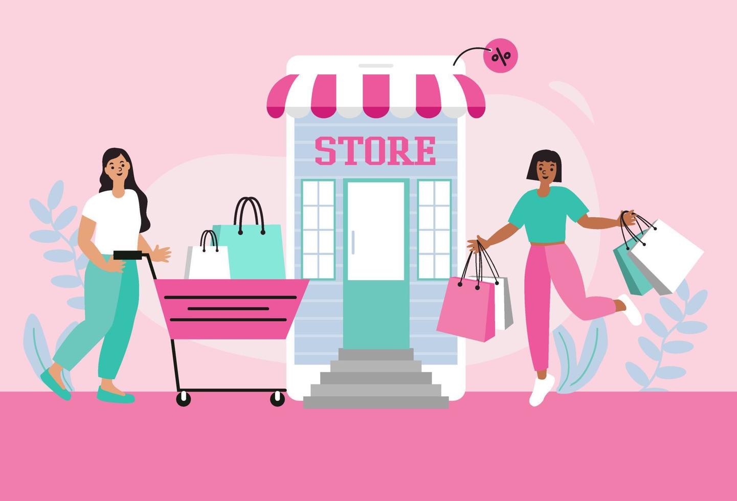 vrouwen blij met winkelen op mobiel betalen met creditcard. online winkelen in een online winkel op een website of mobiele applicatie. vectorconcept houdt van winkelen. ontwerp te koop banner, digitale marketing. vector