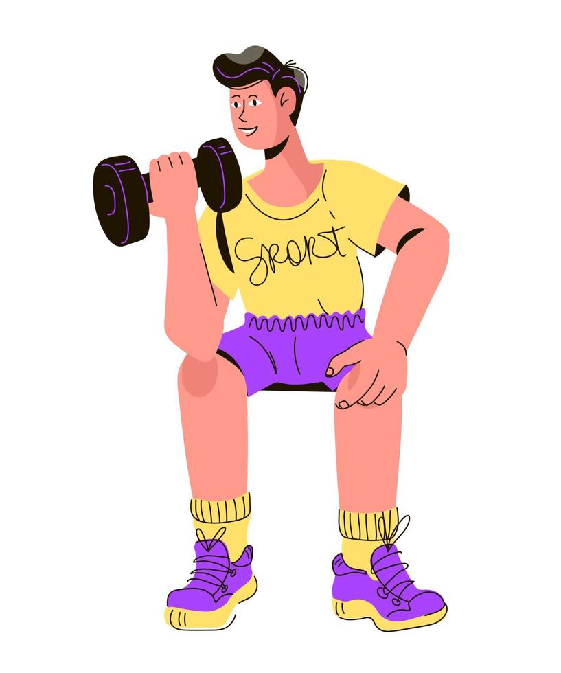 jonge man doet sport oefeningen met halters, platte cartoon vectorillustratie geïsoleerd op een witte achtergrond. man die een gezonde levensstijl leidt en krachtsporttraining doet. fitness en sportschool onderwerp. vector