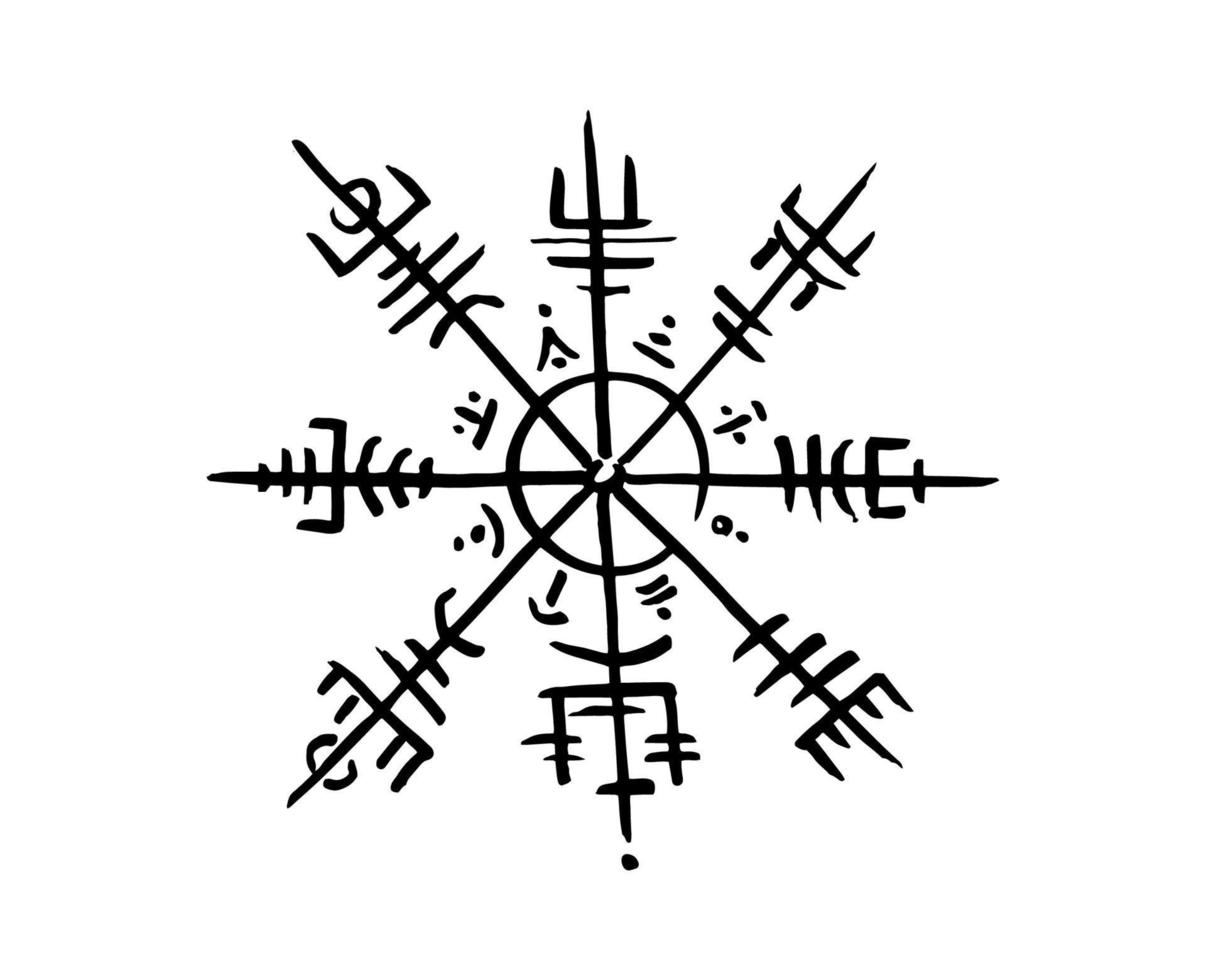 Vegvisir runenkompas zwart potlood tekening stijl, hand tekenen van Viking symbolen, heilige norse, tattoo logo, grunge runen magische symbolen, vectorillustratie geïsoleerd op witte achtergrond vector
