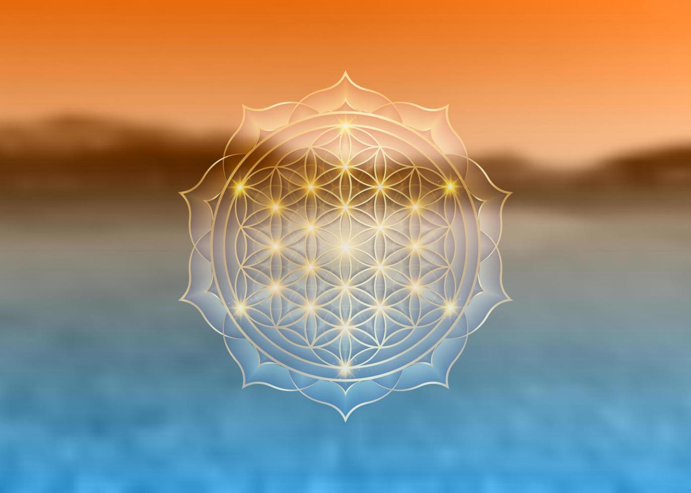 bloem van het leven, yantra mandala in de lotusbloem, heilige geometrie. logo symbool van harmonie en balans, gloeiend geometrisch ornament, yoga ontspannen, vector geïsoleerd op onscherpe zonsondergang natuurlijke achtergrond