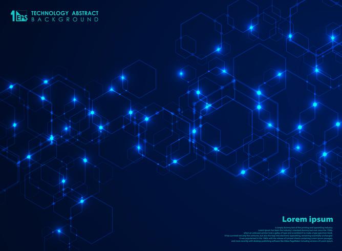 De abstracte futuristische complexe hexagon verbinding van het vormpatroon op blauwe technologieachtergrond. Ontwerp voor gegevensverbinding voor advertentie, poster, web, print, brochure, omslag. vector