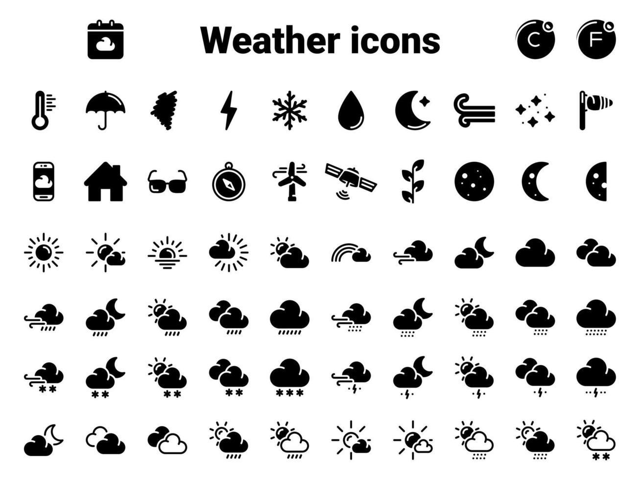 set van zwarte vector iconen, geïsoleerd tegen een witte achtergrond. vlakke afbeelding op een thema weer symbolen en tekens. vullen, glyph