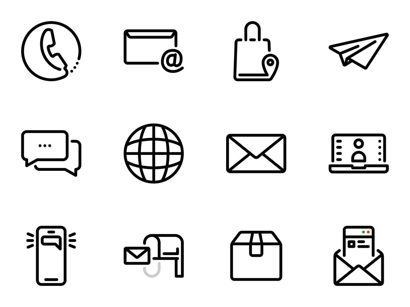 set van zwarte vector iconen, geïsoleerd tegen een witte achtergrond. illustratie op een themapost, bezorging van brieven