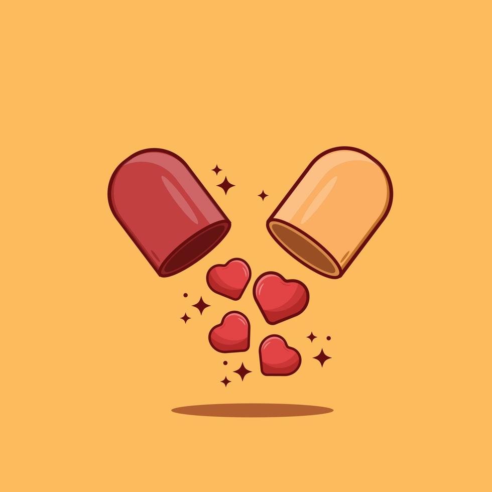 geopende capsule met hart vorm in cartoon stijl vectorillustratie. gezondheidszorg ontwerpconcept vector