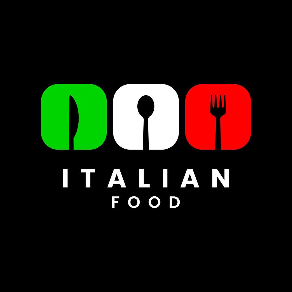 Italiaans eten of Italiaans restaurant logo sjabloon met Italiaanse vlag vorm en servies. vector