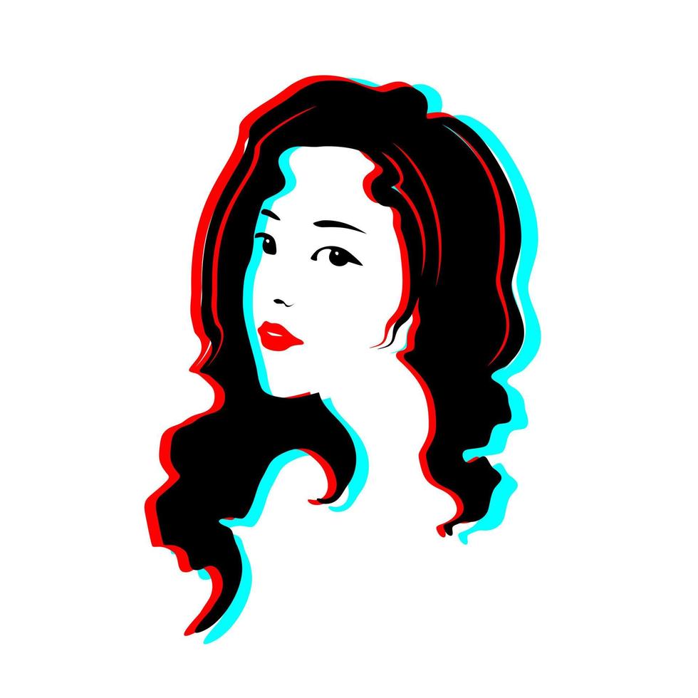 vrouw gezicht lijntekeningen met blauwe en rode kleur glitch effect. vector illustratie