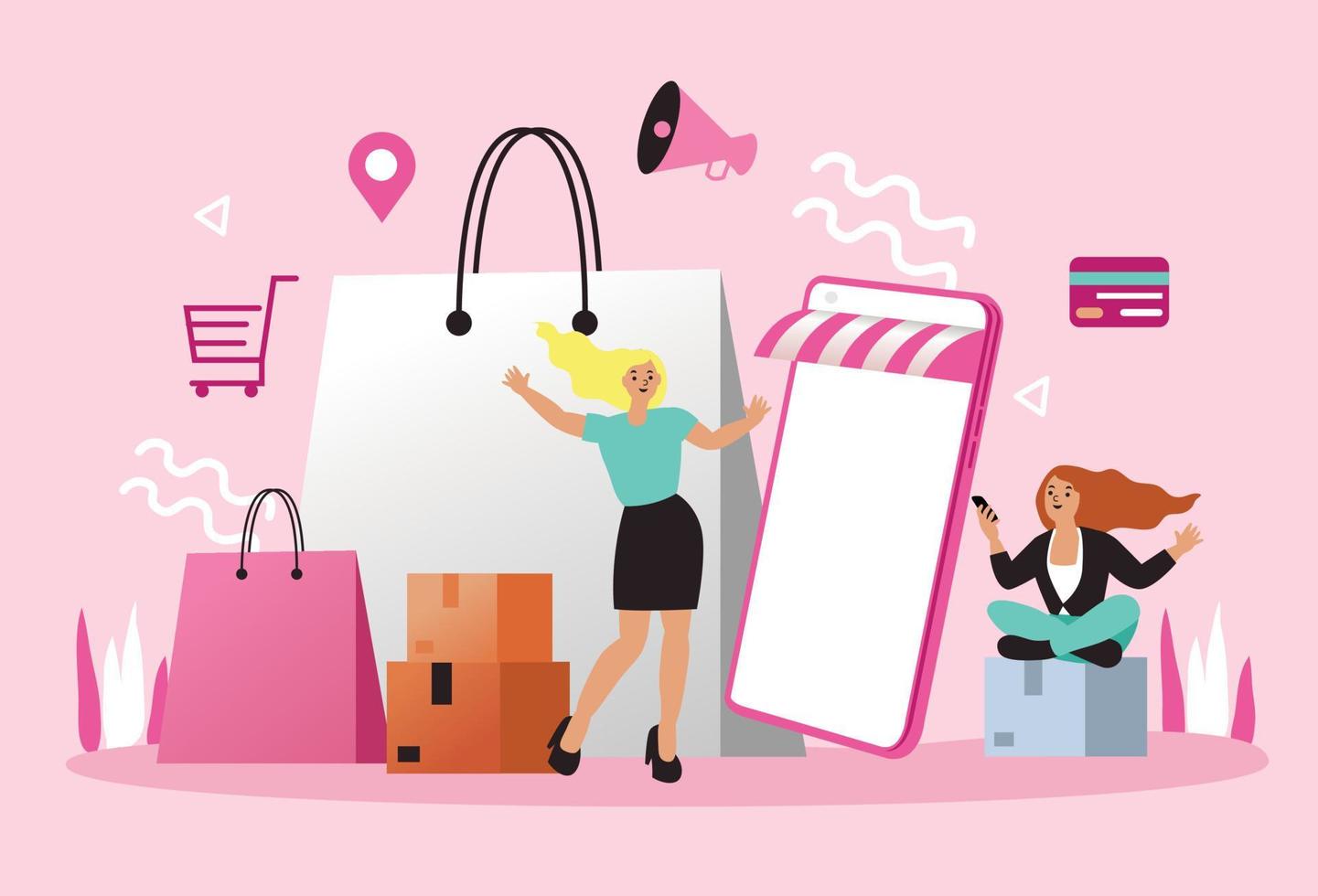 vrouwen blij met winkelen op mobiel betalen met creditcard. online winkelen in een online winkel op een website of mobiele applicatie. vectorconcept houdt van winkelen. ontwerp te koop banner, digitale marketing. vector