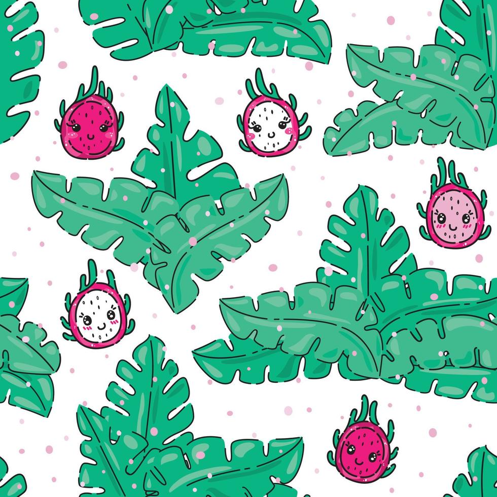 schattig roze, kawaii cartoon dragon fruit, pitaya, naadloos patroon met jungle bladeren. geweldig voor lente- of zomerstof, scrapbookingateliers, cadeaupapier, behang, productontwerpprojecten. vector