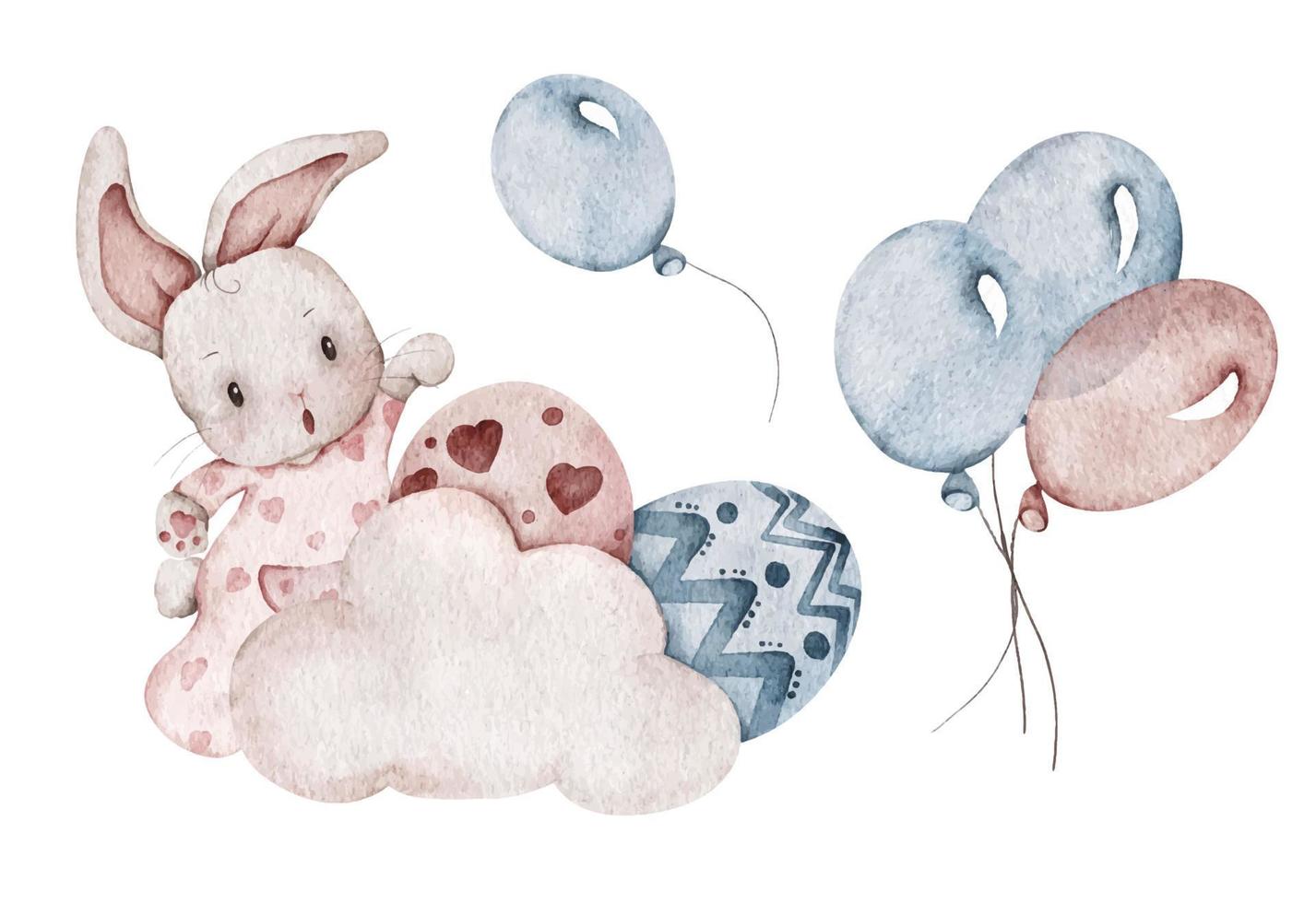 gelukkig Pasen. lente Pasen set van leuke items. schattige haasvlieg met ballon, eieren en wolk. aquarel illustratie. vector