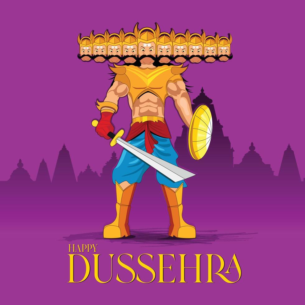 gelukkige dussehra-tekst met een illustratie van heer rama boogpijl en tempelachtergrond voor indisch festival dussehra vector