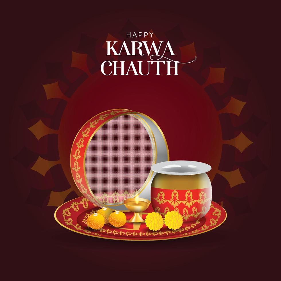 happy karwa chauth festivalkaart met karva chauth is een eendaags festival dat wordt gevierd door hindoe-vrouwen uit sommige regio's van india, vector