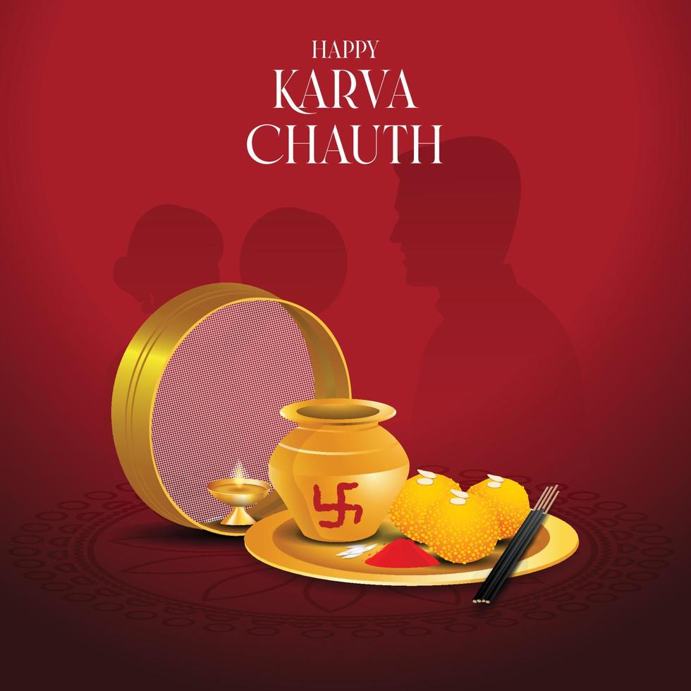 happy karwa chauth festivalkaart met karva chauth is een eendaags festival dat wordt gevierd door hindoe-vrouwen uit sommige regio's van india, vector