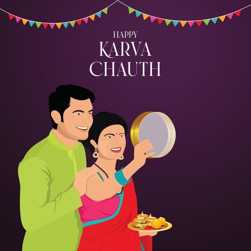 happy karwa chauth festivalkaart met karva chauth is een eendaags festival dat wordt gevierd door hindoe-vrouwen uit sommige regio's van india, vector