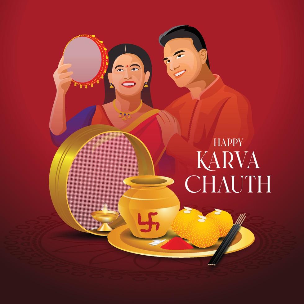 happy karwa chauth festivalkaart met karva chauth is een eendaags festival dat wordt gevierd door hindoe-vrouwen uit sommige regio's van india, vector