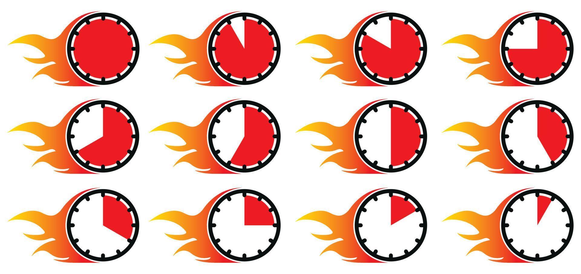 grote horloge set. rode wijzerplaat klok is ingesteld met een stopwatch om de tijd te stoppen. vlammen komen uit het klokpictogram. tijdzones zijn ingesteld. stopwatch tekening. symbool van snelheid. platte teken symbolen logo afbeelding vector