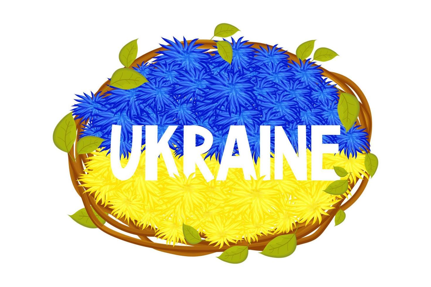 Oekraïense vlag, nationale vlag van bloemen tekst Oekraïne met twee kleuren blauw en geel, frame van stokken met bladeren in cartoon-stijl. elementen voor ontwerp. . vector illustratie