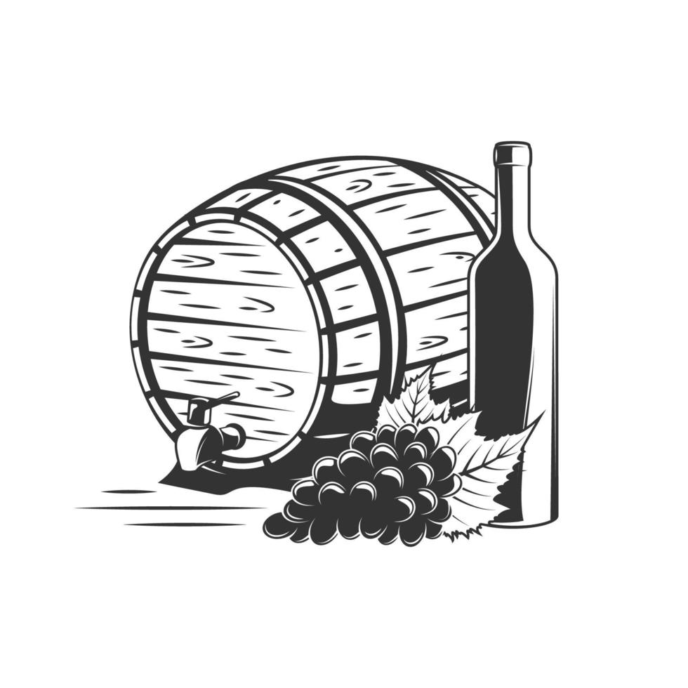 tros druiven, houten vat en fles wijn vector