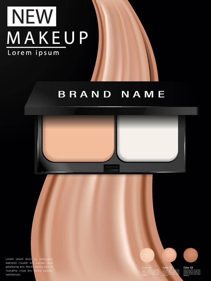 compacte foundation advertenties, aantrekkelijk make-up essentieel product met textuur geïsoleerd op de achtergrond, 3d illustratie vector