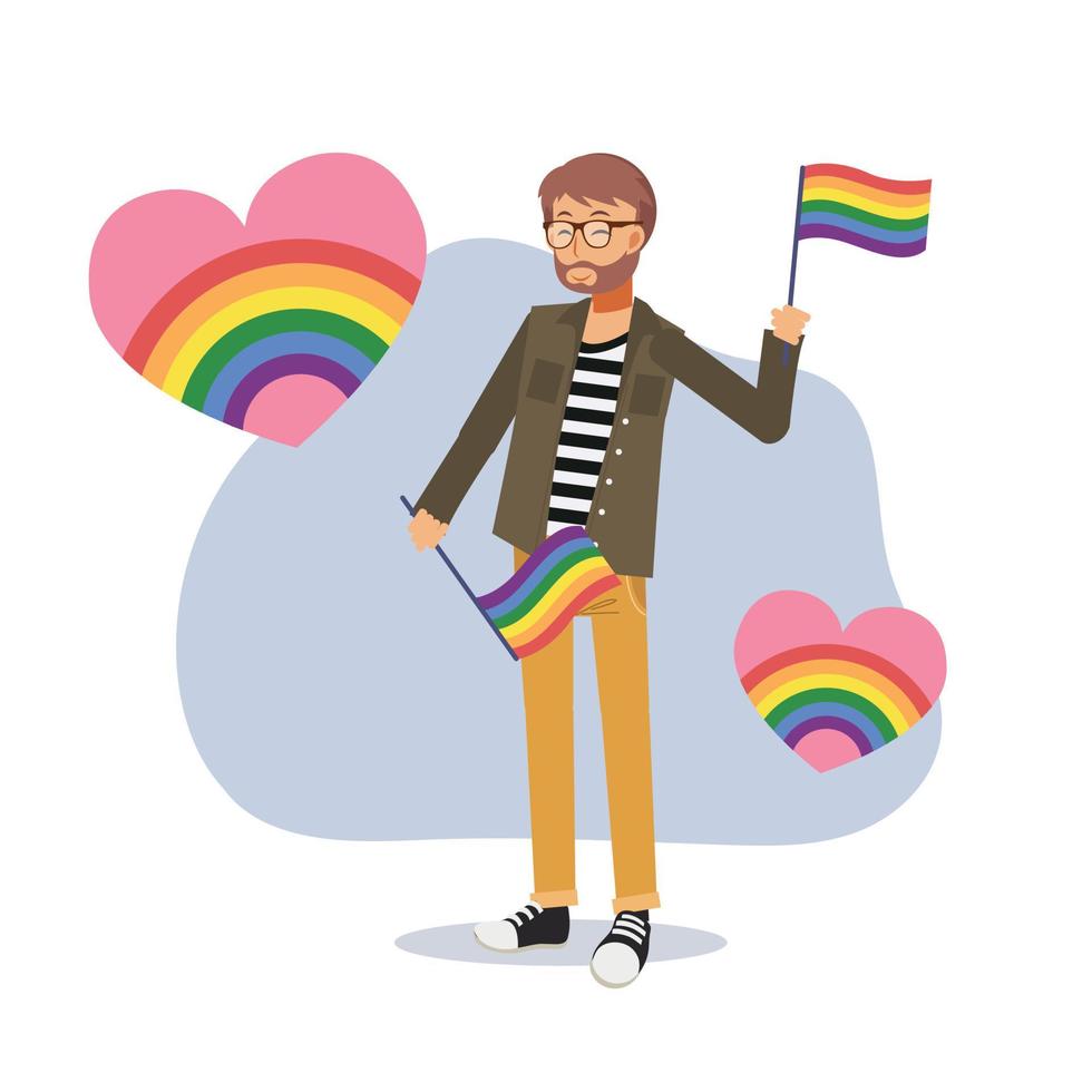een man houdt borden vast met lgbt-regenboog en transgendervlag, vier de trotsmaand, mensenrechten. gelijkheid en homoseksualiteit.flat cartoon karakter vectorillustratie. vector