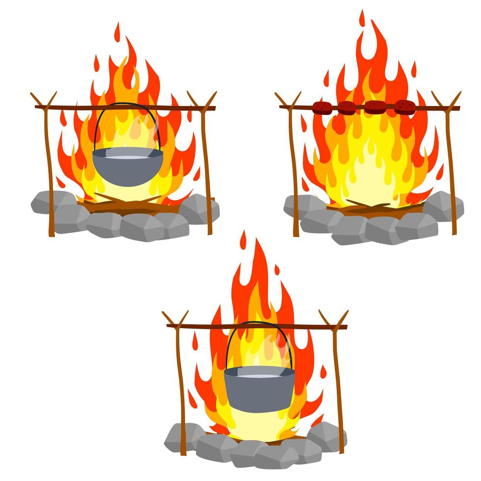 vuur met takken en stenen. cartoon vlakke afbeelding. vector