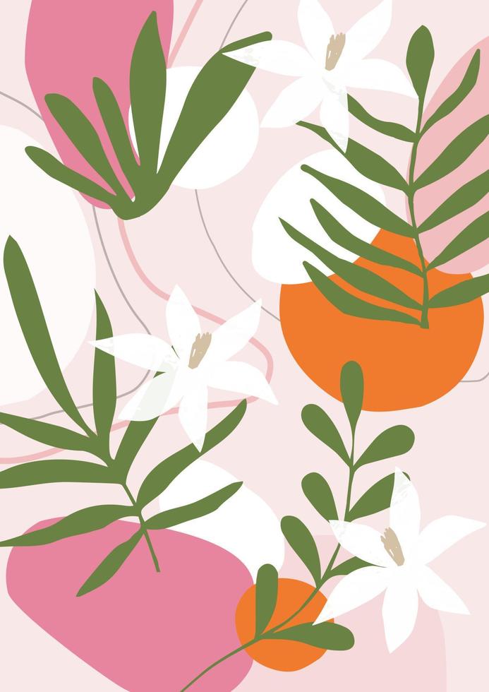 botanische poster vectorillustratie. gebladerte tekenen met abstracte vormen. bladeren, varens en bloemen art print. abstract natuur- en plantenontwerp voor achtergrond, behang, kaart, kunst aan de muur vector