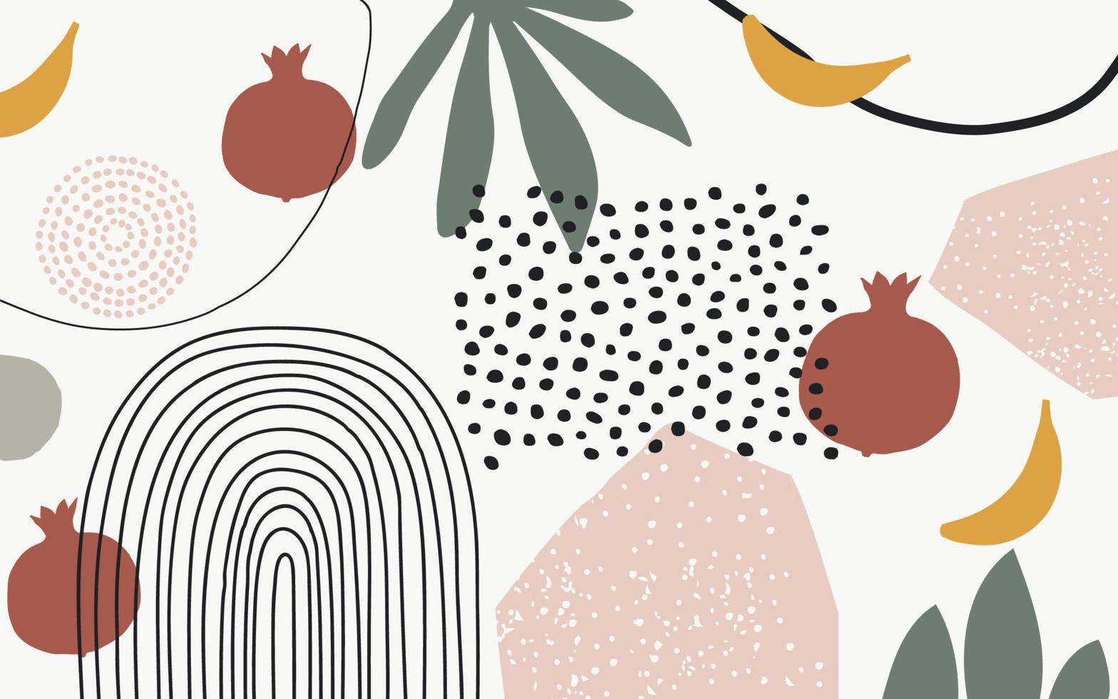 botanische poster vectorillustratie. gebladerte tekenen met abstracte vormen en fruit. biologische bladeren en fruitkunstdruk. abstract doodle elementen ontwerp voor achtergrond, behang, kaart, kunst aan de muur vector