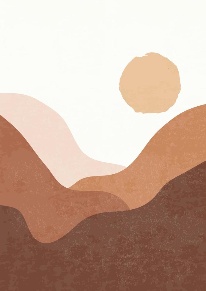 abstracte hedendaagse landschapsachtergrond met zonsopgang. boho wanddecoratie. halverwege de eeuw platte moderne minimalistische kunst print vectorillustratie voor wanddecoratie, home gallery, ansichtkaart, brochure cover vector