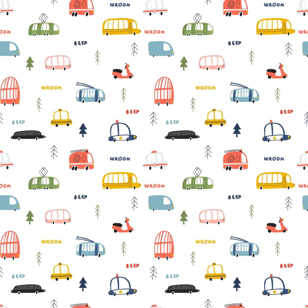 naadloos patroon met tram, minibus, taxi, ambulance, trolley, scooter, passagiersbus, motorvrachtwagen, politieauto, schoolbus, limousine, dubbeldekker in cartoon handgetekende stijl vector