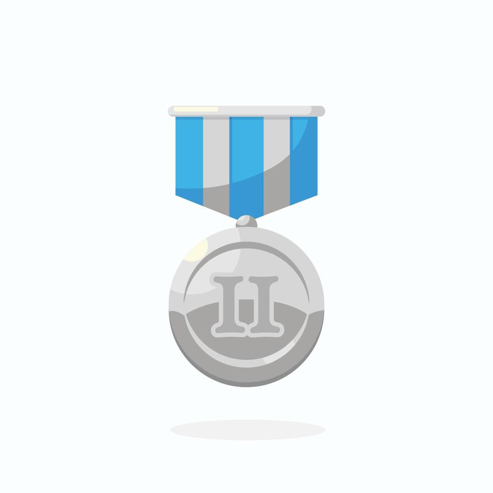 zilveren medaille met blauw lint voor de tweede plaats. trofee, winnaar award geïsoleerd op een witte achtergrond. kentekenpictogram. sport, zakelijke prestatie, overwinningsconcept. vector plat ontwerp