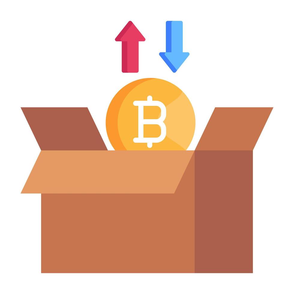 munt in doos met pijlen, plat icoon van crypto-waarde vector