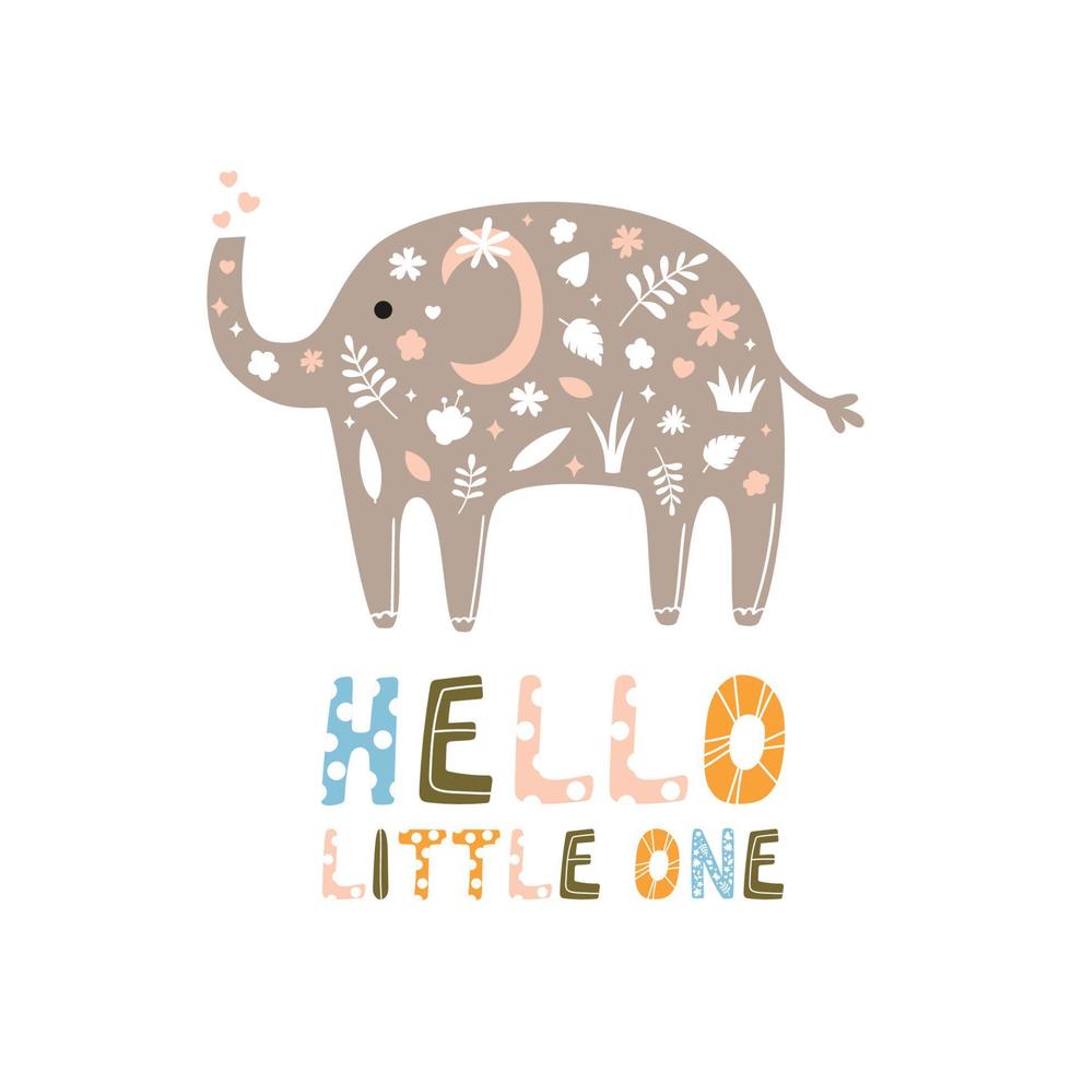 schattige print met babyolifant dier getekend in doodle-stijl vector