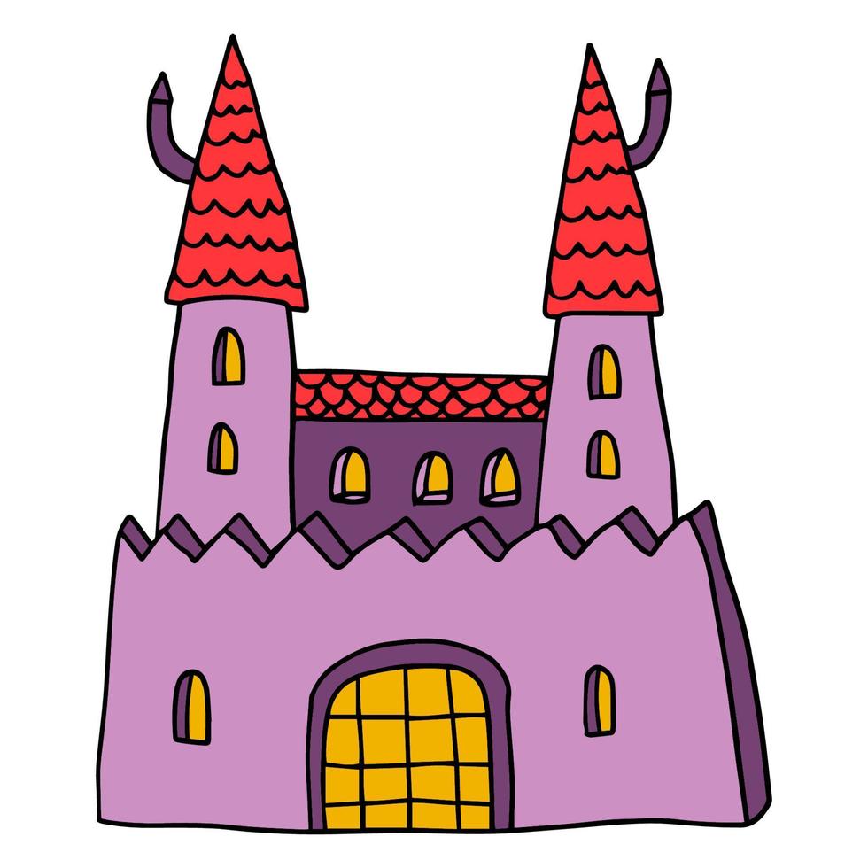 cartoon lineaire doodle retro kasteel met torens geïsoleerd op een witte achtergrond. vector