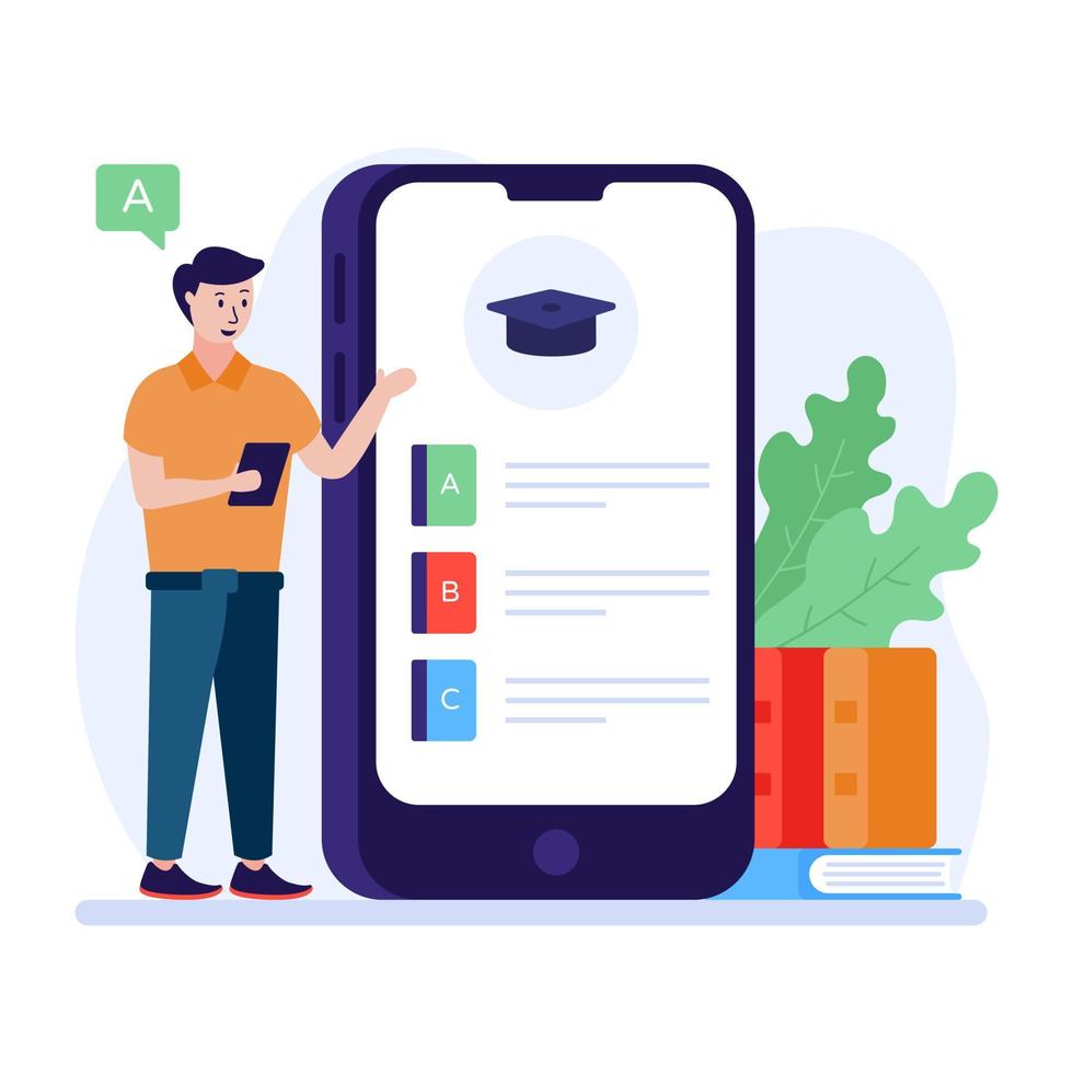 persoon die leert door middel van onderwijs-app, vlakke afbeelding vector