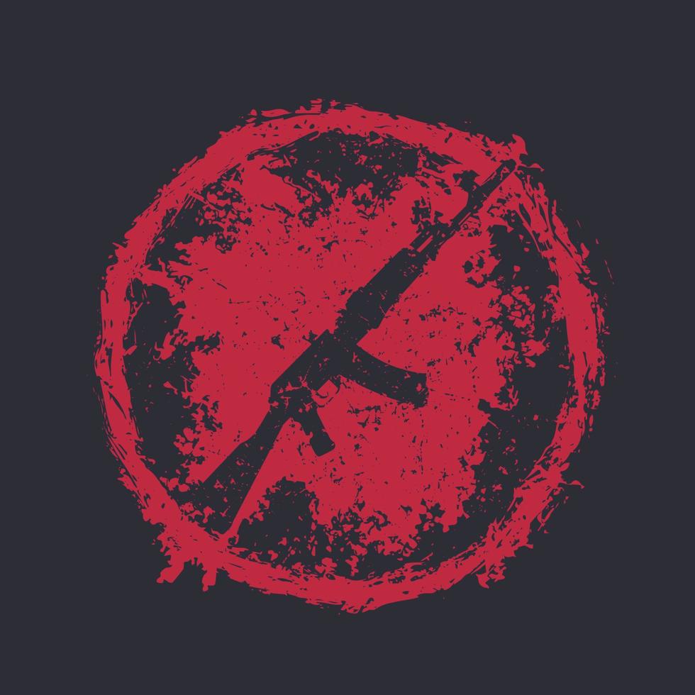 grunge embleem met automatisch geweer, rood op donker, t-shirt print met pistool vector