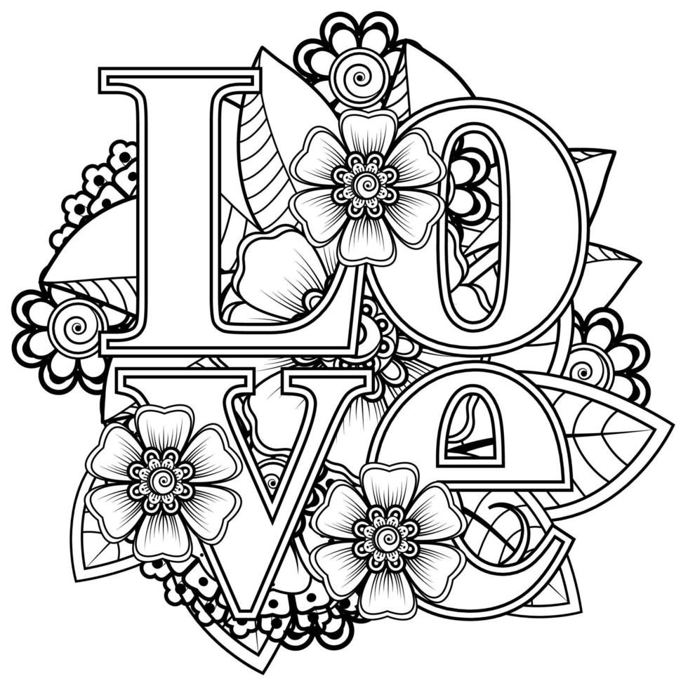 hou van woorden met mehndi-bloemen voor het kleuren van het doodle-ornament van de boekpagina vector