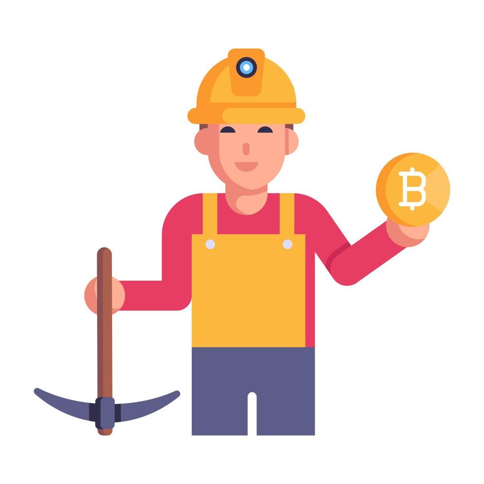 een bitcoin-mijnwerker in plat pictogramontwerp vector