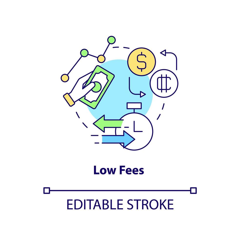 lage kosten concept icoon. crypto-valuta concurrentievoordeel abstracte idee dunne lijn illustratie. betaalbaar bedrag. geïsoleerde overzichtstekening. bewerkbare streek. arial, talloze pro-bold lettertypen gebruikt vector