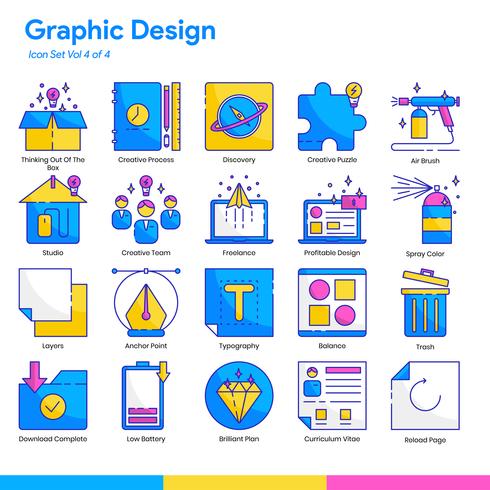 Grafisch ontwerp Icon Set. Lijn- en egale kleurstijl. Vector EPS 10