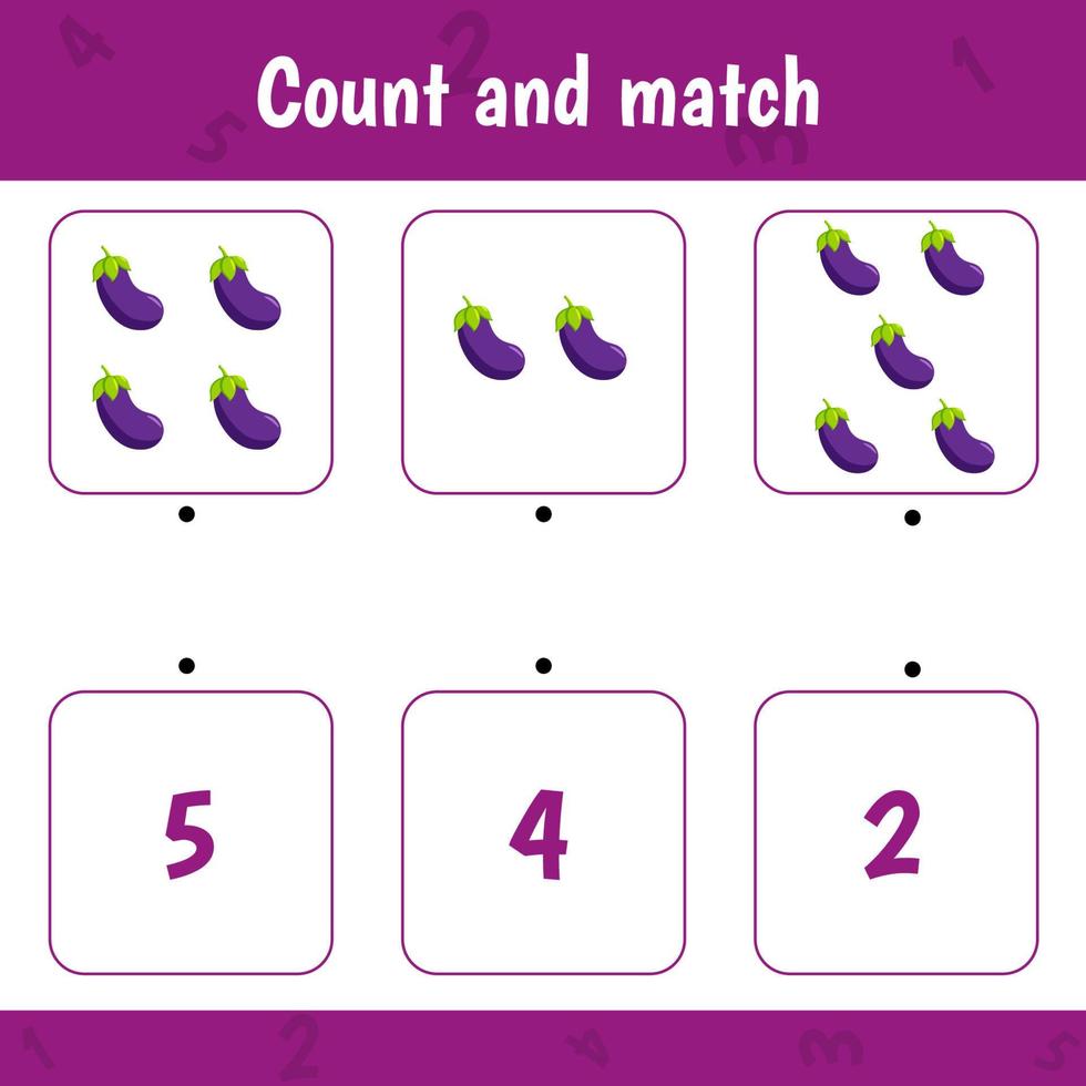 tellen en overeenkomen. wiskunde spel voor kinderen. aubergine vector