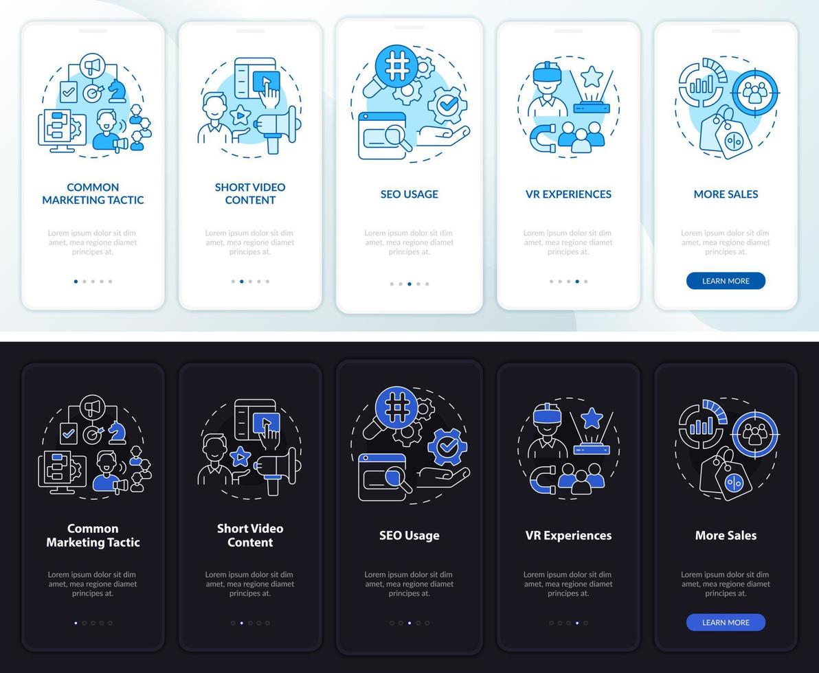 huidige marketingtrends nacht- en dagmodus onboarding mobiele app-scherm. walkthrough 5 stappen grafische instructiepagina's met lineaire concepten. ui, ux, gui-sjabloon. talloze pro-bold, reguliere lettertypen gebruikt vector